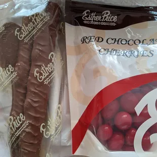 Chocolate covered pretzels and Red Chocolate Cherries