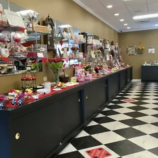 a candy shop with a black and white checkered floor