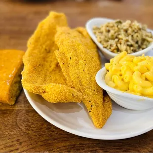 Entree: Fried Fish with sides of Mac and cheese, dirty rice, and cornbread