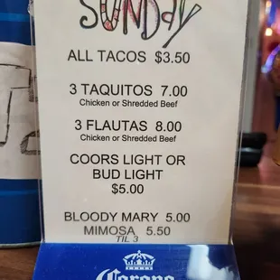 Menu with Sunday specials as of May 2023.