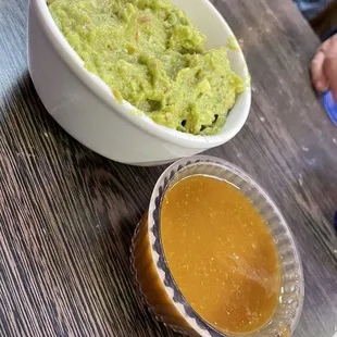 Large guacamole and spicy salsa