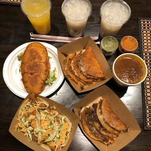 Fish tacos, Quesabirra, Pambazo, Asada Tacos, Conzome. The drinks were Mango and Horchata.