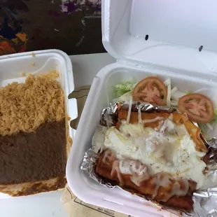 Enchiladas comes with a whole container of rice and beans for 9.99!
