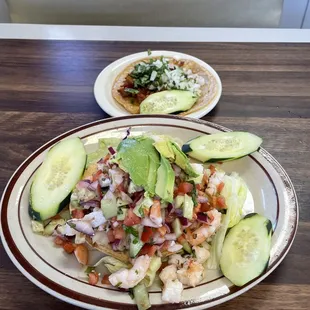 Shrimp tostada &amp; al pastor taco.
