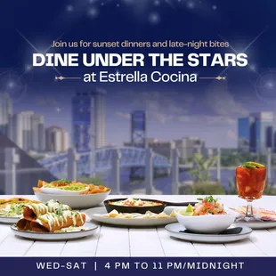 Dine Under the Stars: Estrella Cocina's Rooftop Dinner Awaits! Vamos!

Join us for sunset dinners and late-night bites!