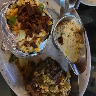 Loaded Baked Potato (Left), Béarnaise (Right), and Herb and Garlic Filet Mignon (Bottom) Together