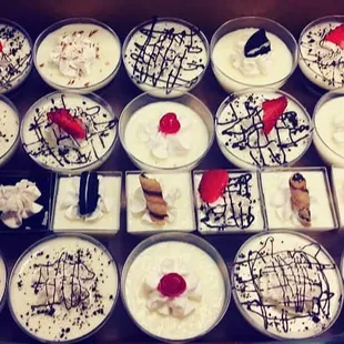 Coconut jello with drizzled chococlate, cherry, oreo, and coconut flakes