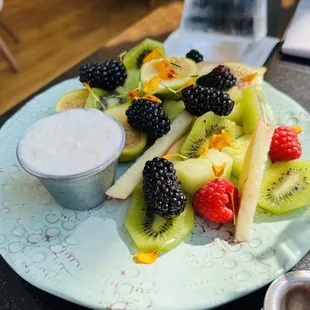 Avocado toast, fried chicken waffle, seasonal fruit, smoothie