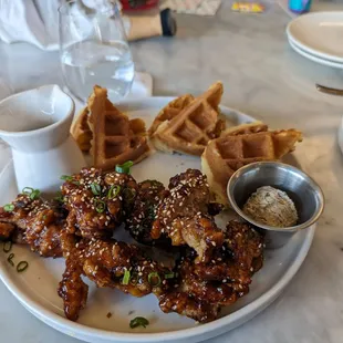 Chicken and waffles Aka garlic chicken and mochi waffles