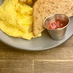 Scramble, Breakfast Potatoes and toast