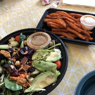 Sweet potato fries, yum! Avocado Garden Salad, good but they did not leave off the requested items... stomach ache...