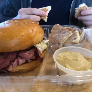 Pastrami Sandwich with hummus and pita!