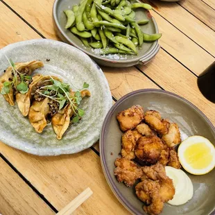 Steamed Edamame, Fried Pork Dumplings with mushroom truffle and ponzu sauce &amp; Fried Chicken