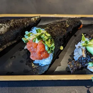 L  R...California roll,  spicy tuna roll, and salmon skin roll.