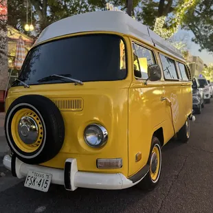 Front driver&apos;s view shows Goldie connected to a standard 110v 3 prong extension cord, which provides our power