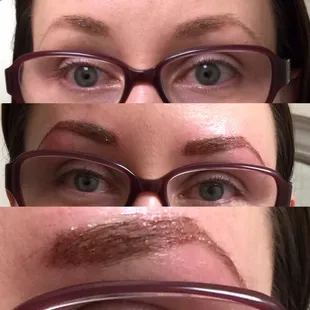 Came in for a touch up. Note that her brows didn't turn red. 3 colors for 3D look. Once swelling goes down &amp; heal, they will be gorgeous.