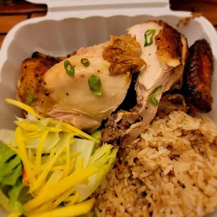 Rotisserie Chicken, Garlic Rice and Salad.