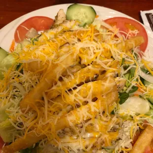 Chicken salad with fries
