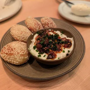Warm Sesame Pancakes smoked fish dip, chili crisp