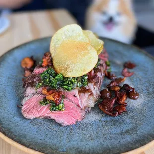 14-Day Dry Aged Ribeye w/ broccoli salsa verde, chanterelles, salty raisin | 12 oz-$90 (GET THIS!)