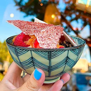 Almond Cookie Soft Serve w/ peach &amp; berries, strawberry meringue | $12