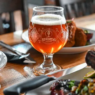 a glass of beer and a plate of food
