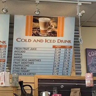 Ethiopian coffee House extensive menu. The iced coffee is strong and pure, unlike others that i have had