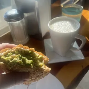 Avocado egg on bread. Chai tea latte (hard to find the real stuff) made me both care