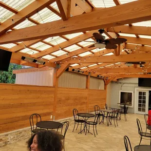 Outside patio. Music TV social distance