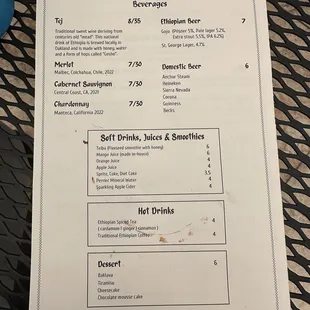Beverage menu