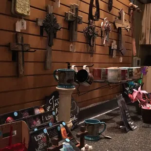 a counter with various items on it