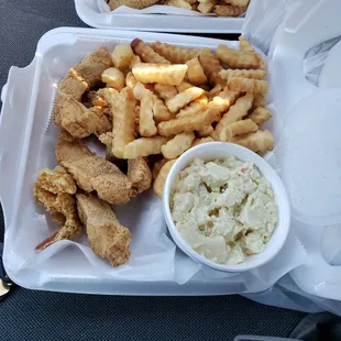 catch fish filet, shrimp and potato salad