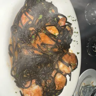 Squid ink pasta special with shrimp and scampi. Incredible!