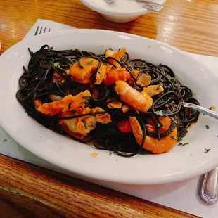 Squid ink pasta with shrimp scampi
