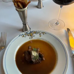 Stone Creek Farms Seared Waygu Beef with Pomme Frites, Black Garlic Butter and Red Beet Reduction