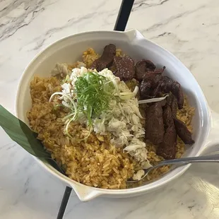 Crab fried rice with sunny beef