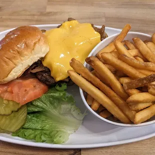 Burger with bacon, caramelized onions, and cheese