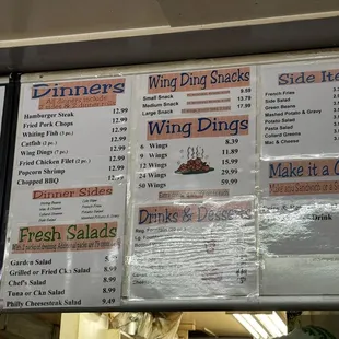 Dinners and wings menu