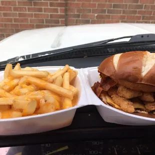 Cheesy french fries &amp; big chicken little sandwich