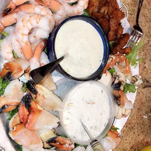 Salmon burnt ends, shrimp, and crab claws