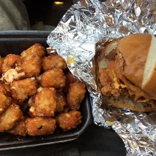 Bacon n blue tots and big little chicken sandwich so good! Great lunch spot