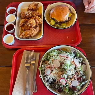 Salad, Tinman burger and Buttermilk Fried Chicken