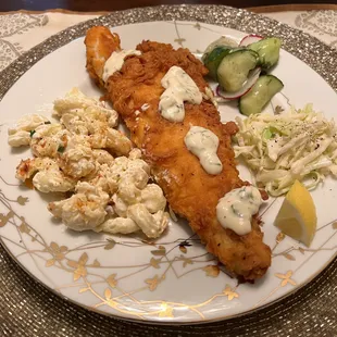 Fish Fry, mac &amp; cheese, cucumber salad