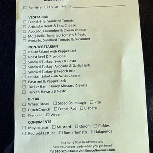 Menu order form
