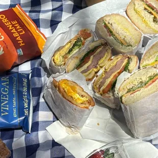 Sandwiches, coffee and chips