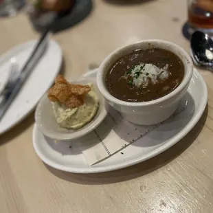 smoked chicken &amp; sausage gumbo (AWESOME), served with a side of potato salad with a little chicharron on top