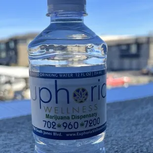 Complementary cold Euphoria, water bottle.