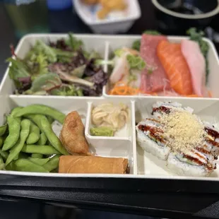 a bento box of food