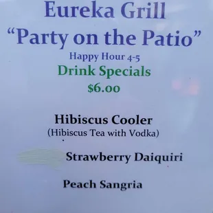 the menu for a party on the patio