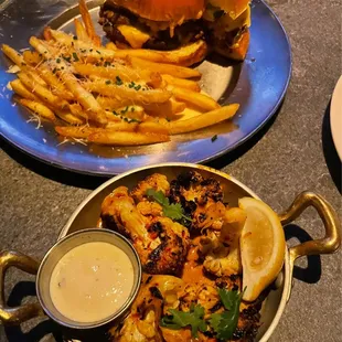 Chargrilled Cauliflower, Double Smash Burger w/ Truffle Cheese Fries